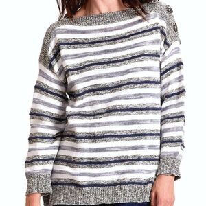 Neon Buddha White Navy Gray Stripe Pullover Sweater Buttons Size Large